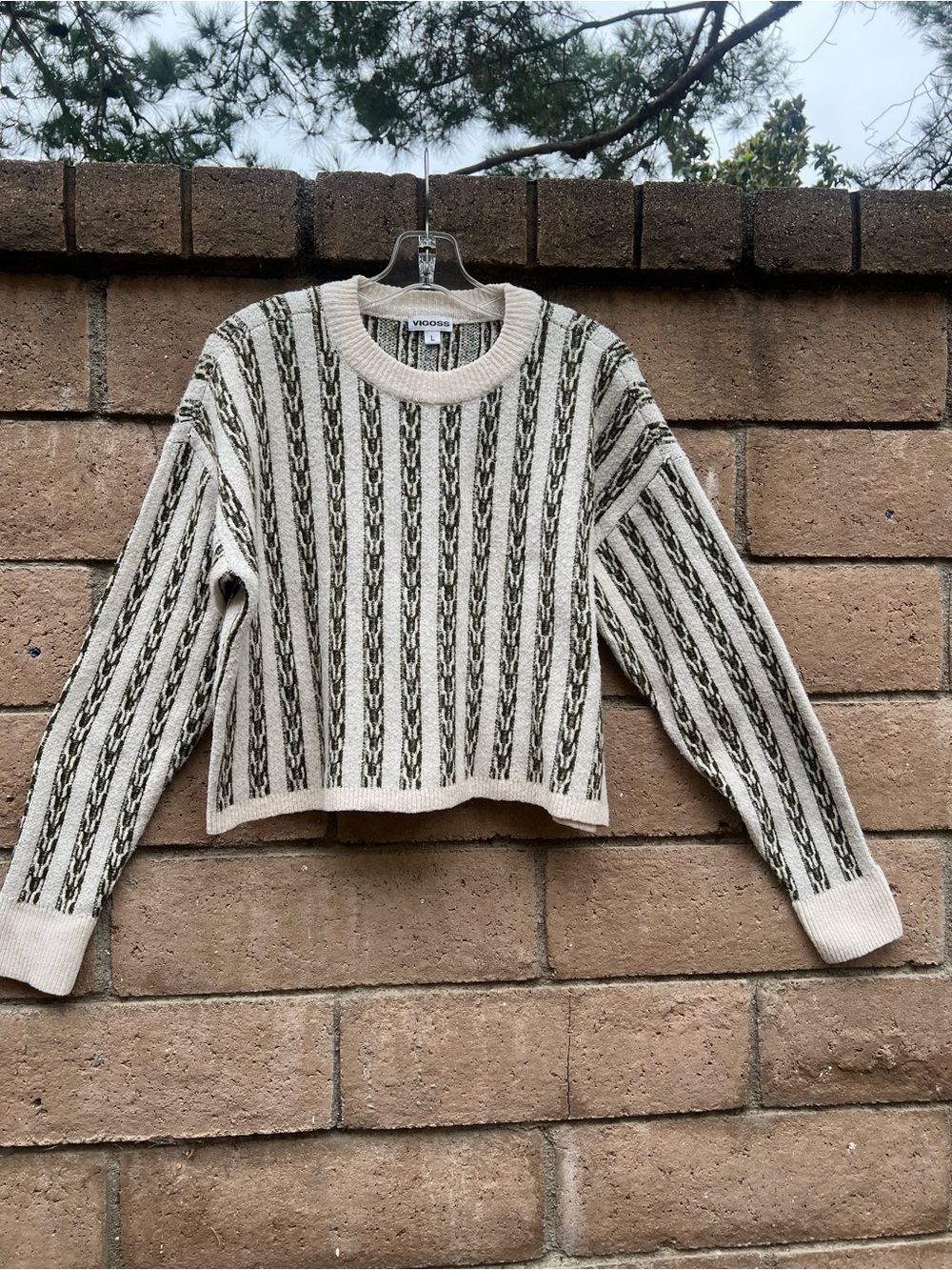 Vigoss Cream Sweater with Olive Vertical Stripe Detail
